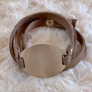 Boho Brushed Gold Tone Engrave Oval Leather Wrap Bracelet